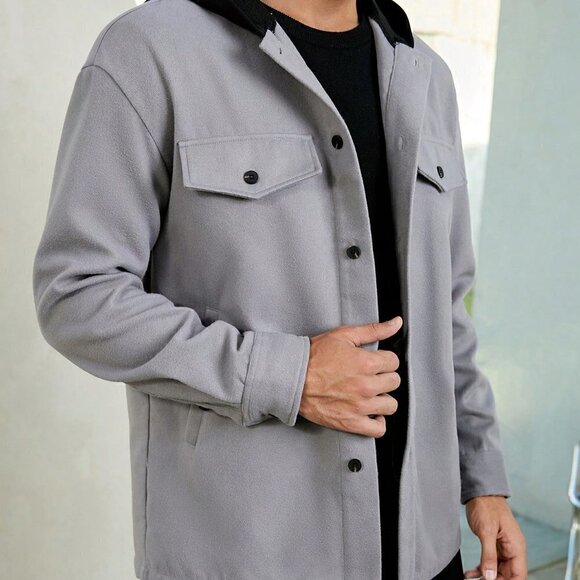 Grey Casual Mens Flap Detail Hooded Coat - Picture 5 of 5